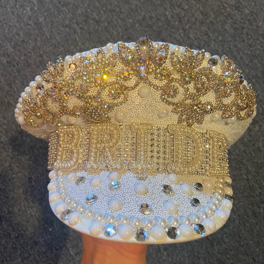 White sequin Bride captain hat